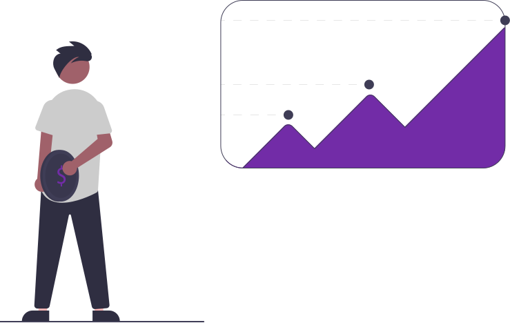 Illustration of a person holding a coin with a dollar sign, standing next to a rising line graph with data points, symbolizing financial growth or investment.